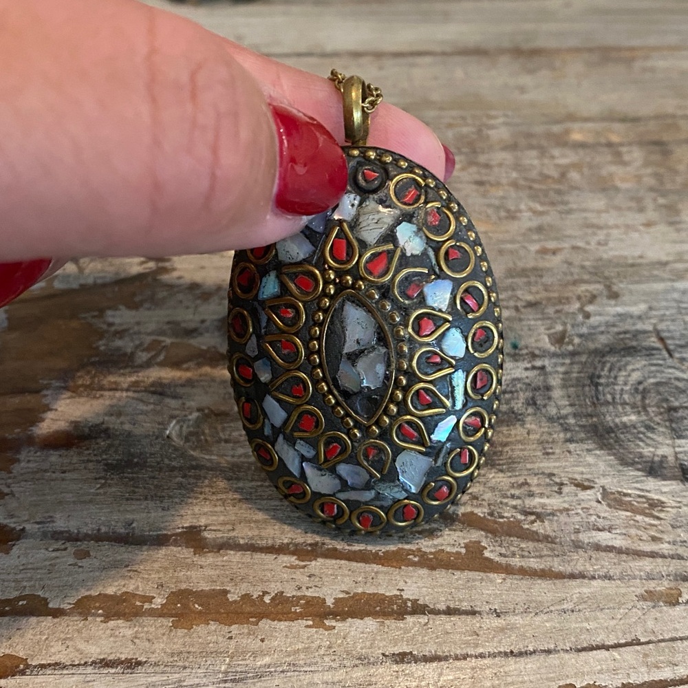 Tibetan Mother of Pearl Brass Pendant - Picture 8 of 8